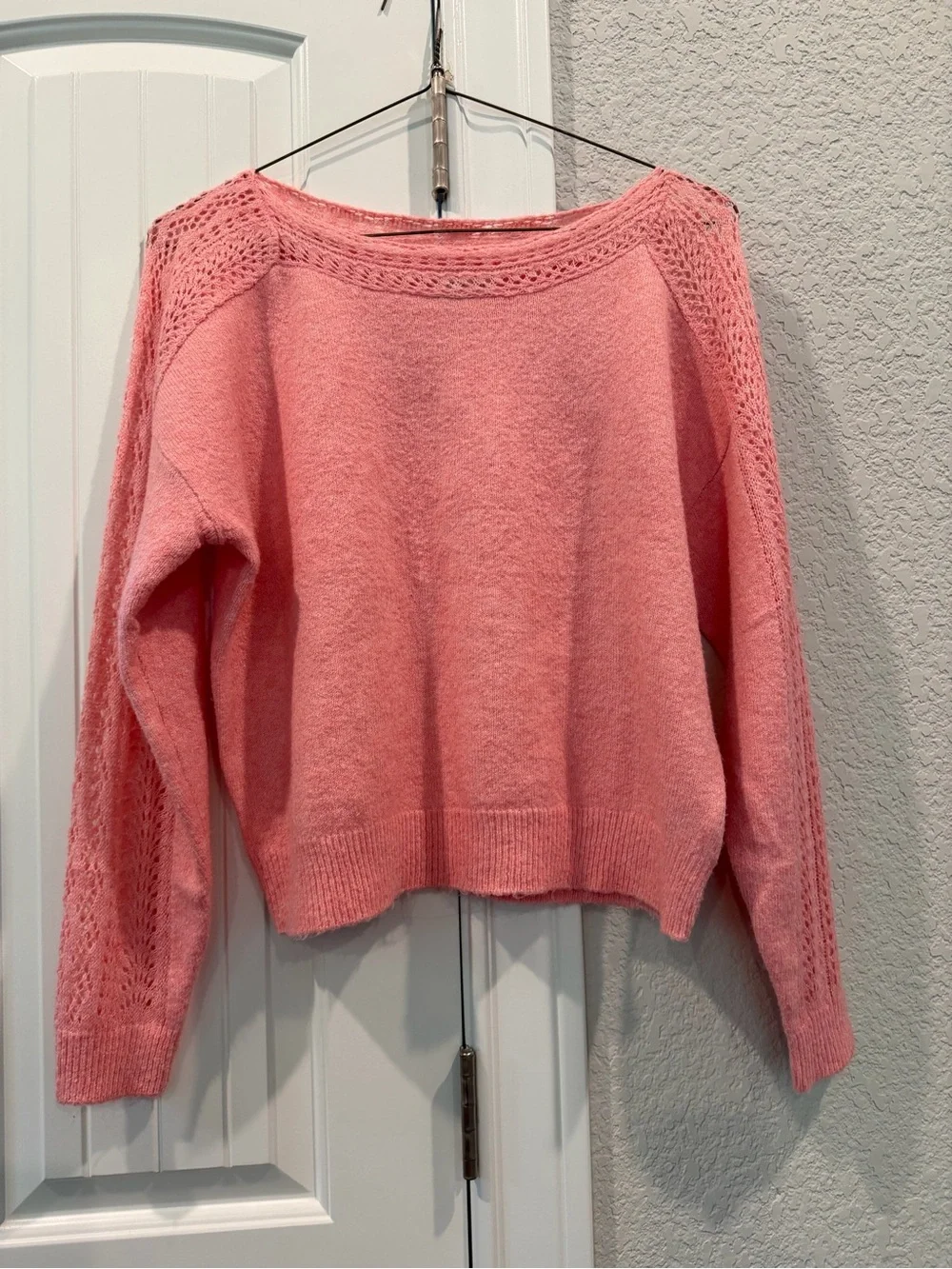 American Eagle Women's Crewneck Open-Stitch Pink Sweater